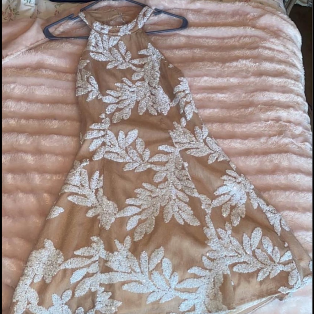 Tan and white cocktail dress
